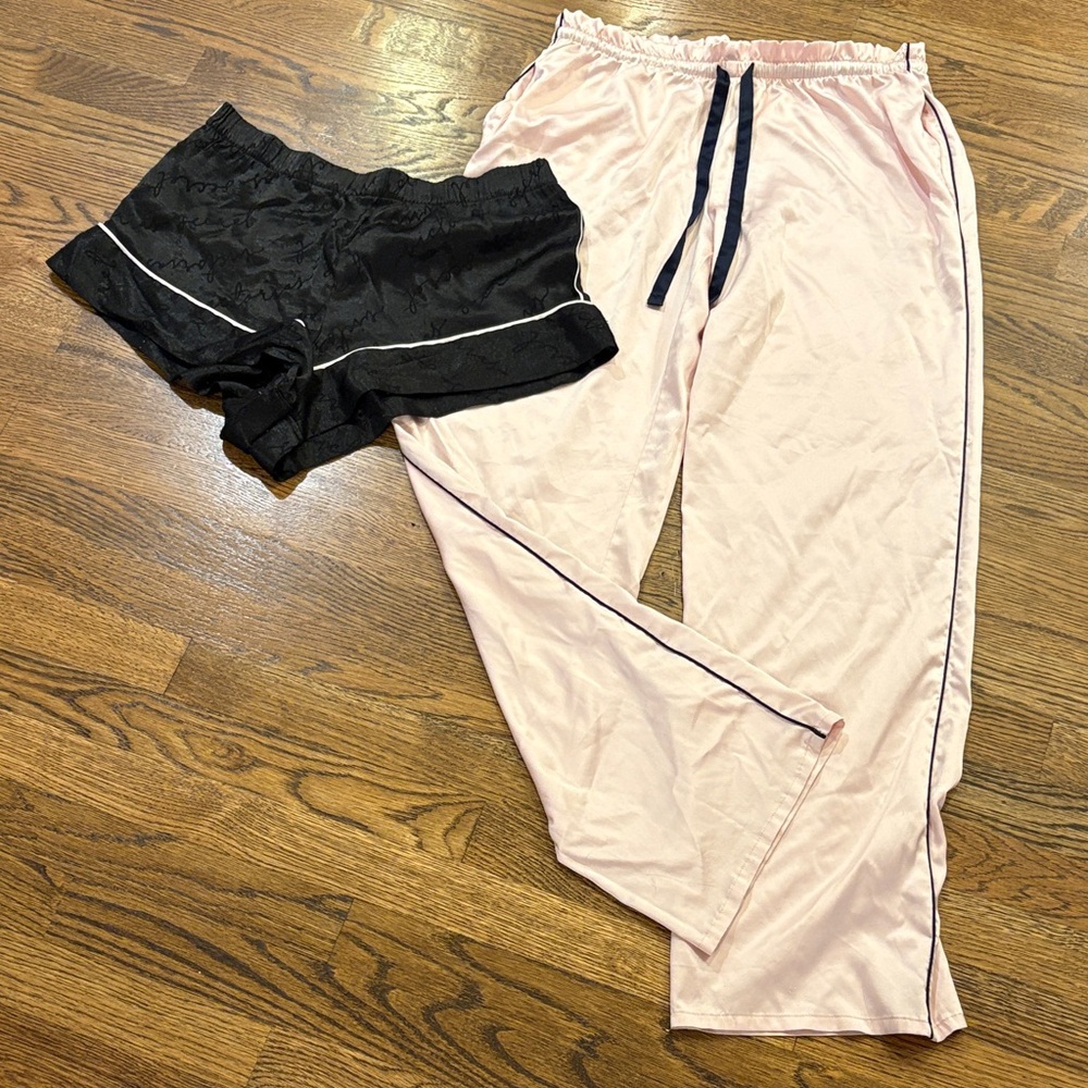 Victoria’s Secret Pink satin lounge pants and black pj shorts, M